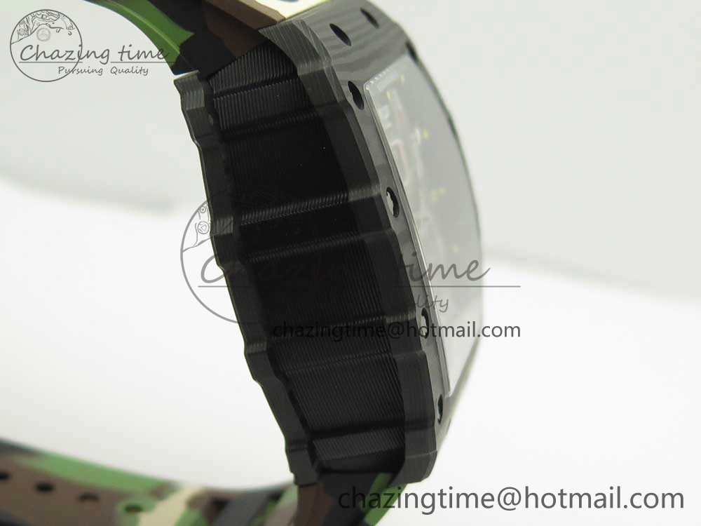 RM011 Carbon Case Chrono KVF 1:1 Best Edition Crystal Skeleton Yellow Dial on Camouflage Rubber Strap A FlexibleFit 9463