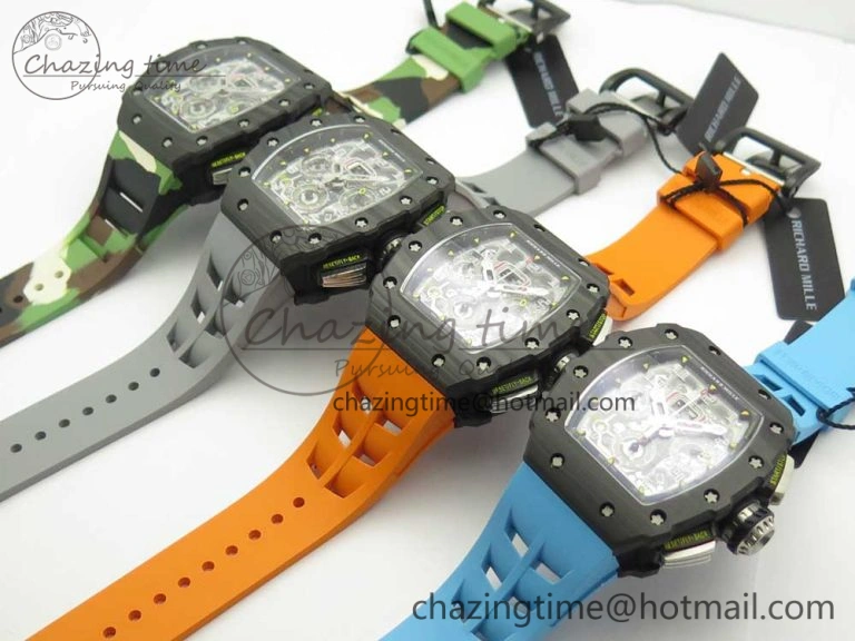 RM011 Carbon Case Chrono KVF 1:1 Best Edition Crystal Skeleton Yellow Dial on Camouflage Rubber Strap A FlexibleFit 9463