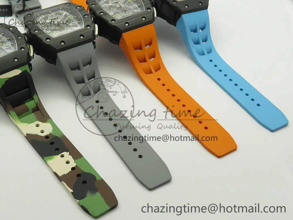 RM011 Carbon Case Chrono KVF 1:1 Best Edition Crystal Skeleton Yellow Dial on Camouflage Rubber Strap A FlexibleFit 9463