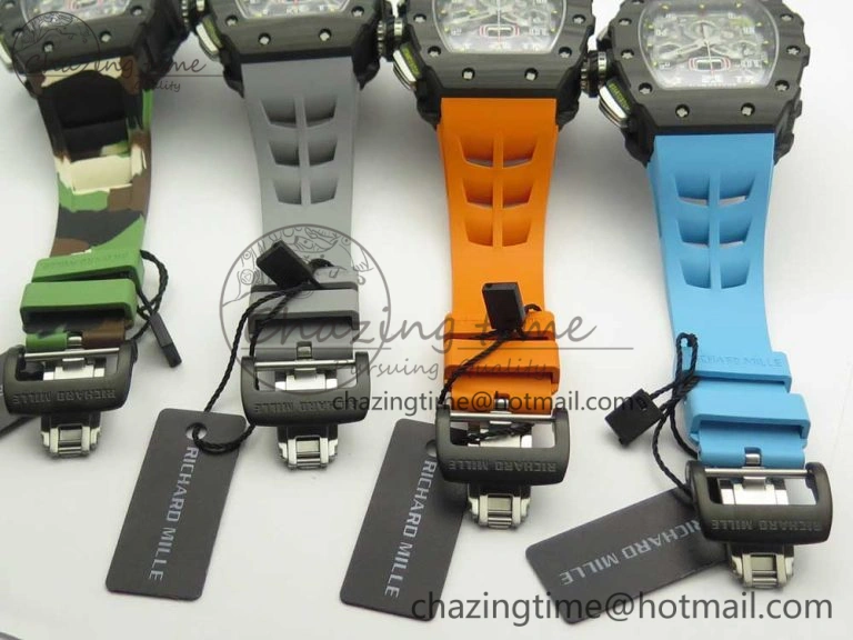 RM011 Carbon Case Chrono KVF 1:1 Best Edition Crystal Skeleton Yellow Dial on Camouflage Rubber Strap A FlexibleFit 9463