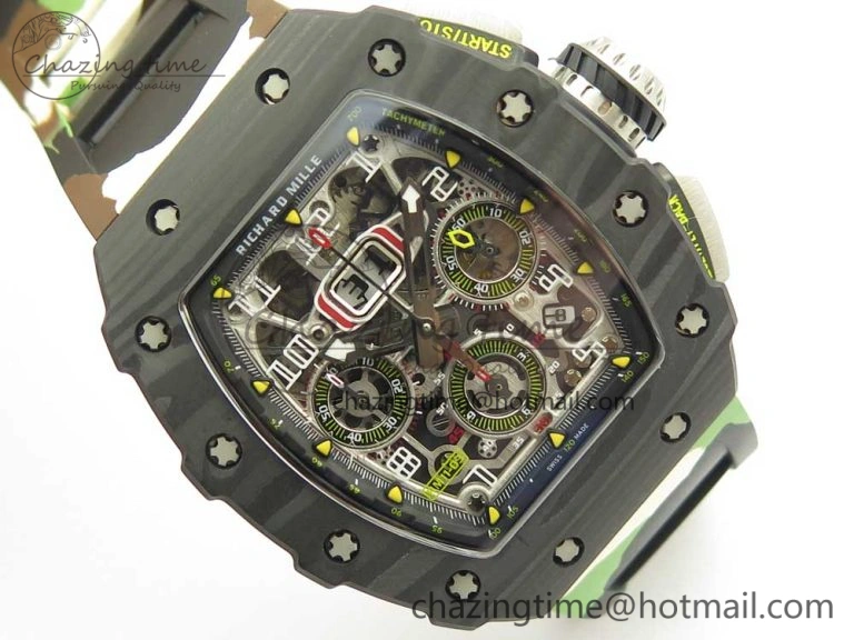 RM011 Carbon Case Chrono KVF 1:1 Best Edition Crystal Skeleton Yellow Dial on Camouflage Rubber Strap A FlexibleFit 9463