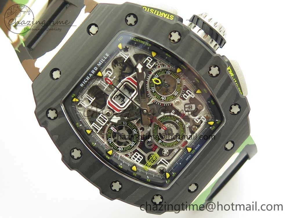 RM011 Carbon Case Chrono KVF 1:1 Best Edition Crystal Skeleton Yellow Dial on Camouflage Rubber Strap A FlexibleFit 9463