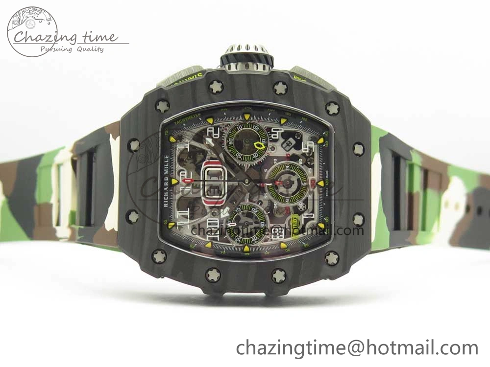 RM011 Carbon Case Chrono KVF 1:1 Best Edition Crystal Skeleton Yellow Dial on Camouflage Rubber Strap A FlexibleFit 9463