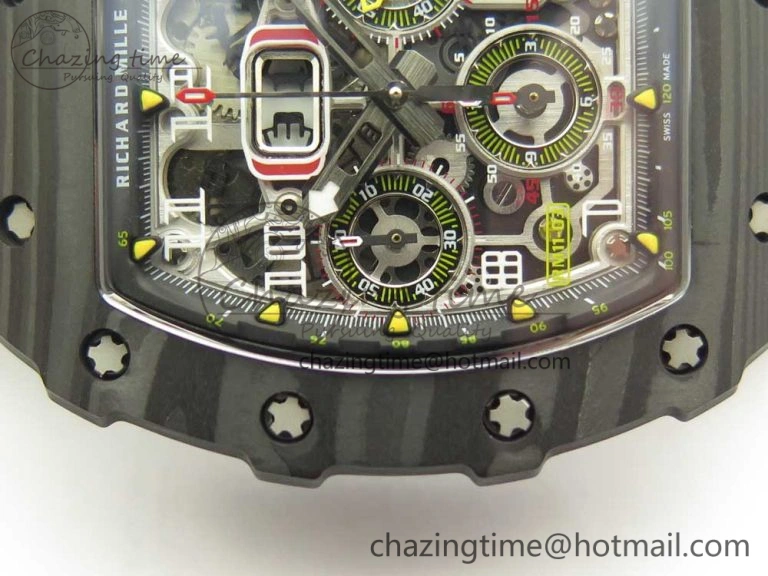 RM011 Carbon Case Chrono KVF 1:1 Best Edition Crystal Skeleton Yellow Dial on Camouflage Rubber Strap A FlexibleFit 9463