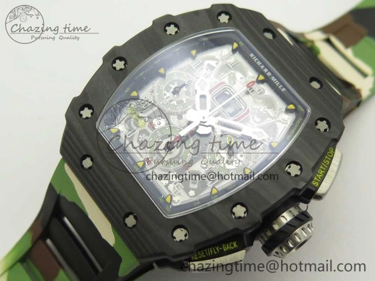 RM011 Carbon Case Chrono KVF 1:1 Best Edition Crystal Skeleton Yellow Dial on Camouflage Rubber Strap A FlexibleFit 9463