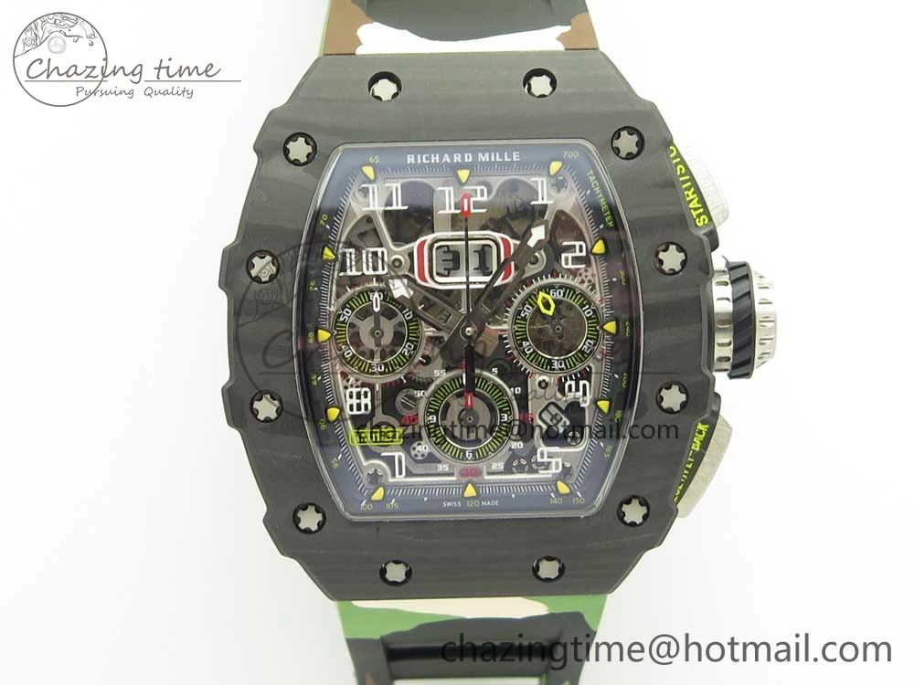 RM011 Carbon Case Chrono KVF 1:1 Best Edition Crystal Skeleton Yellow Dial on Camouflage Rubber Strap A FlexibleFit 9463