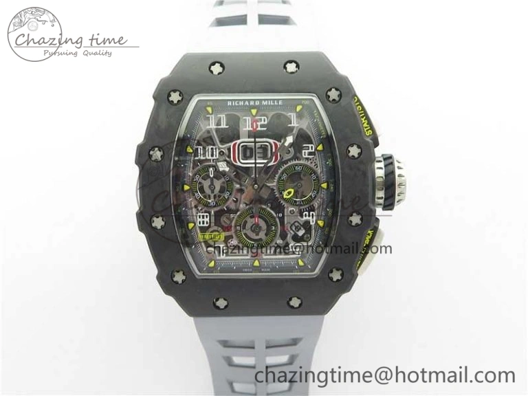 Comfortable RM011 Carbon Case Chrono KVF 1:1 Best Edition Crystal Skeleton Yellow Dial on Gray Racing Rubber Strap A7750 V 9434