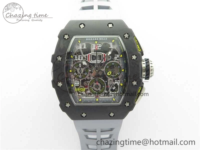 Comfortable RM011 Carbon Case Chrono KVF 1:1 Best Edition Crystal Skeleton Yellow Dial on Gray Racing Rubber Strap A7750 V 9434