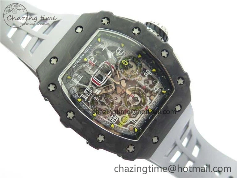 Comfortable RM011 Carbon Case Chrono KVF 1:1 Best Edition Crystal Skeleton Yellow Dial on Gray Racing Rubber Strap A7750 V 9434