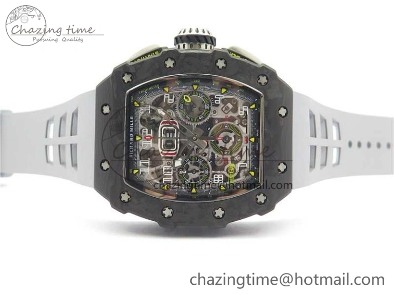 Comfortable RM011 Carbon Case Chrono KVF 1:1 Best Edition Crystal Skeleton Yellow Dial on Gray Racing Rubber Strap A7750 V 9434