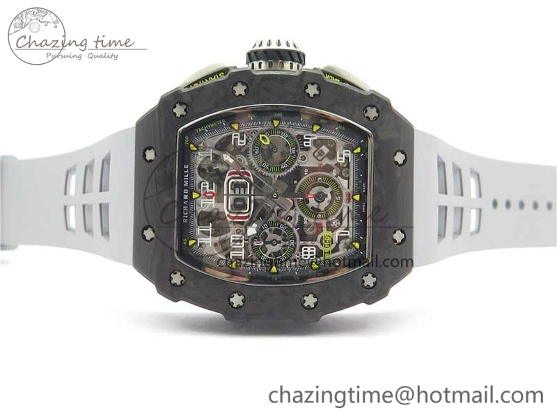 Comfortable RM011 Carbon Case Chrono KVF 1:1 Best Edition Crystal Skeleton Yellow Dial on Gray Racing Rubber Strap A7750 V 9434