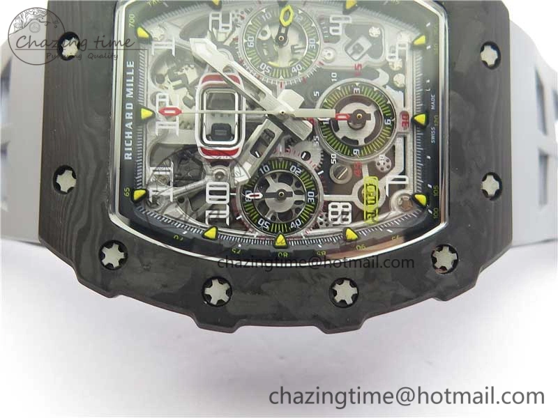 Comfortable RM011 Carbon Case Chrono KVF 1:1 Best Edition Crystal Skeleton Yellow Dial on Gray Racing Rubber Strap A7750 V 9434