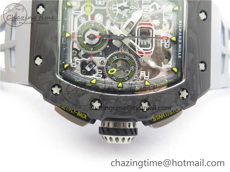 Comfortable RM011 Carbon Case Chrono KVF 1:1 Best Edition Crystal Skeleton Yellow Dial on Gray Racing Rubber Strap A7750 V 9434