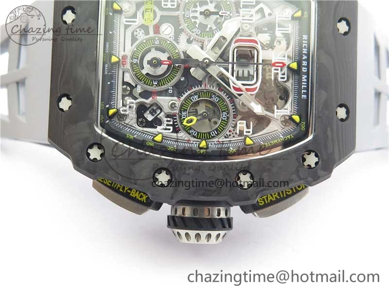 Comfortable RM011 Carbon Case Chrono KVF 1:1 Best Edition Crystal Skeleton Yellow Dial on Gray Racing Rubber Strap A7750 V 9434