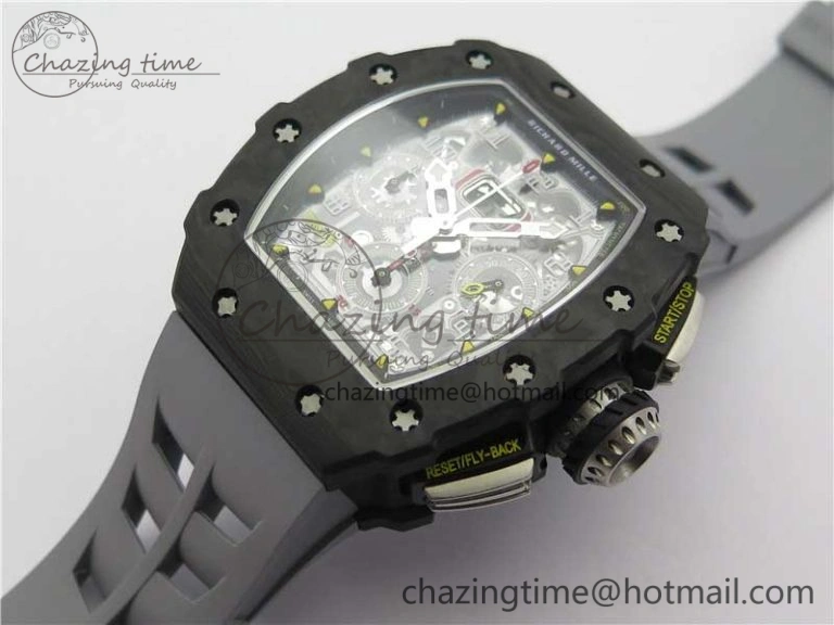 Comfortable RM011 Carbon Case Chrono KVF 1:1 Best Edition Crystal Skeleton Yellow Dial on Gray Racing Rubber Strap A7750 V 9434