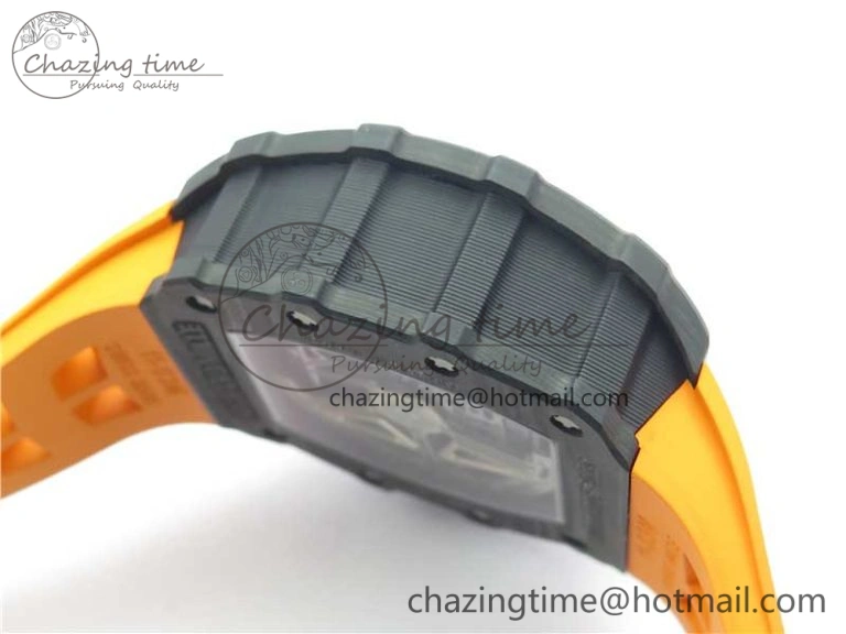 MultiPurpose RM011 Carbon Case Chrono KVF 1:1 Best Edition Crystal Skeleton Yellow Dial on Orange Racing Rubber Strap A7750 V 9435