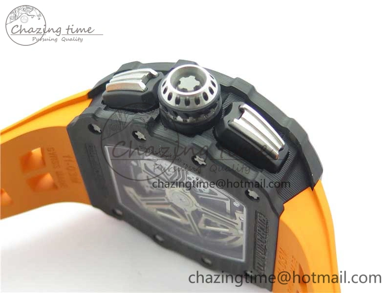 MultiPurpose RM011 Carbon Case Chrono KVF 1:1 Best Edition Crystal Skeleton Yellow Dial on Orange Racing Rubber Strap A7750 V 9435