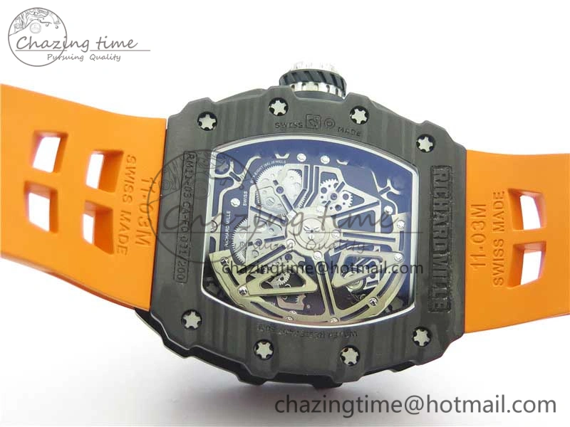 MultiPurpose RM011 Carbon Case Chrono KVF 1:1 Best Edition Crystal Skeleton Yellow Dial on Orange Racing Rubber Strap A7750 V 9435