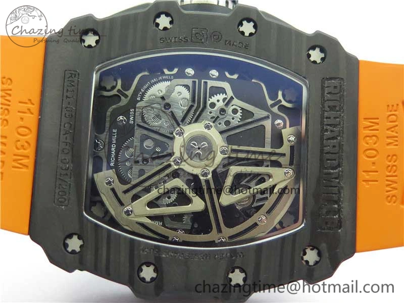 MultiPurpose RM011 Carbon Case Chrono KVF 1:1 Best Edition Crystal Skeleton Yellow Dial on Orange Racing Rubber Strap A7750 V 9435