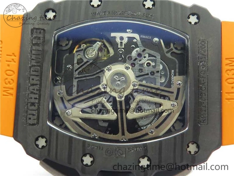 MultiPurpose RM011 Carbon Case Chrono KVF 1:1 Best Edition Crystal Skeleton Yellow Dial on Orange Racing Rubber Strap A7750 V 9435