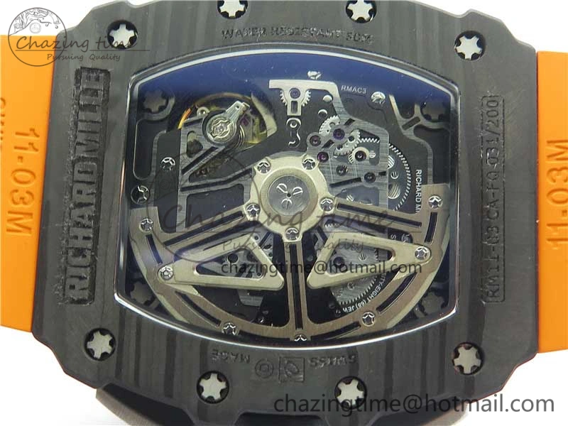 MultiPurpose RM011 Carbon Case Chrono KVF 1:1 Best Edition Crystal Skeleton Yellow Dial on Orange Racing Rubber Strap A7750 V 9435