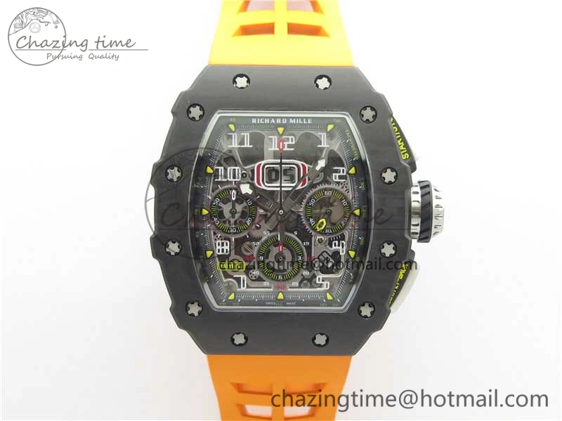 MultiPurpose RM011 Carbon Case Chrono KVF 1:1 Best Edition Crystal Skeleton Yellow Dial on Orange Racing Rubber Strap A7750 V 9435