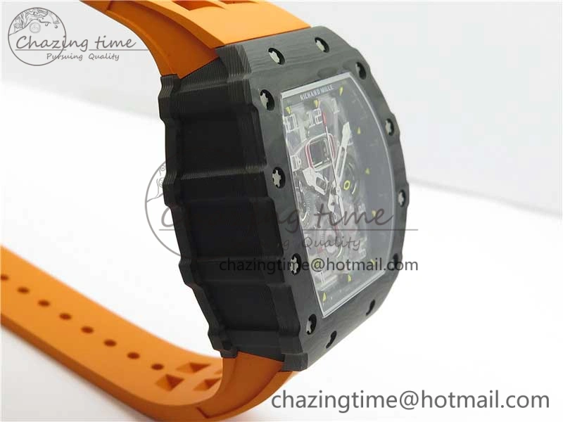 MultiPurpose RM011 Carbon Case Chrono KVF 1:1 Best Edition Crystal Skeleton Yellow Dial on Orange Racing Rubber Strap A7750 V 9435