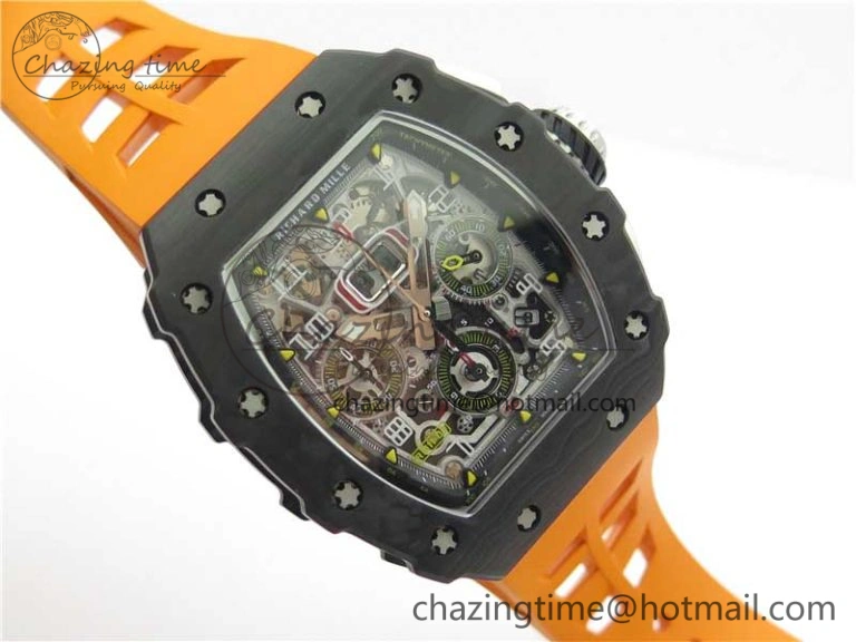 MultiPurpose RM011 Carbon Case Chrono KVF 1:1 Best Edition Crystal Skeleton Yellow Dial on Orange Racing Rubber Strap A7750 V 9435