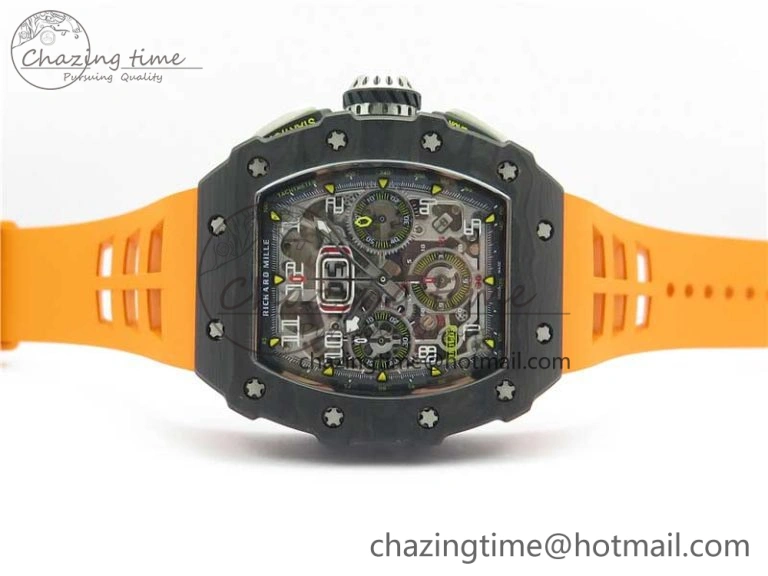 MultiPurpose RM011 Carbon Case Chrono KVF 1:1 Best Edition Crystal Skeleton Yellow Dial on Orange Racing Rubber Strap A7750 V 9435
