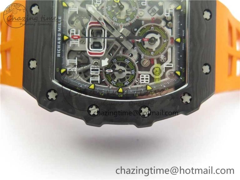 MultiPurpose RM011 Carbon Case Chrono KVF 1:1 Best Edition Crystal Skeleton Yellow Dial on Orange Racing Rubber Strap A7750 V 9435