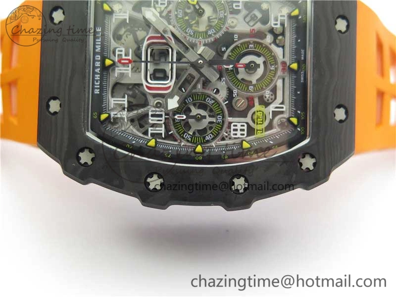 MultiPurpose RM011 Carbon Case Chrono KVF 1:1 Best Edition Crystal Skeleton Yellow Dial on Orange Racing Rubber Strap A7750 V 9435