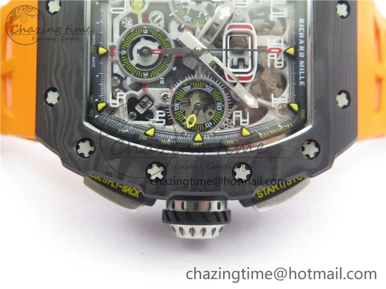 MultiPurpose RM011 Carbon Case Chrono KVF 1:1 Best Edition Crystal Skeleton Yellow Dial on Orange Racing Rubber Strap A7750 V 9435