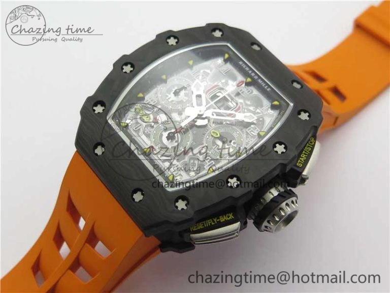 MultiPurpose RM011 Carbon Case Chrono KVF 1:1 Best Edition Crystal Skeleton Yellow Dial on Orange Racing Rubber Strap A7750 V 9435