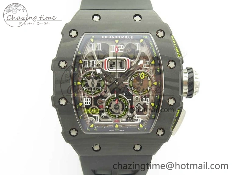 Breathable RM011 Carbon Case Chrono KVF 1:1 Best Edition Crystal Skeleton Yellow Dial on Racing Rubber Strap A 9465