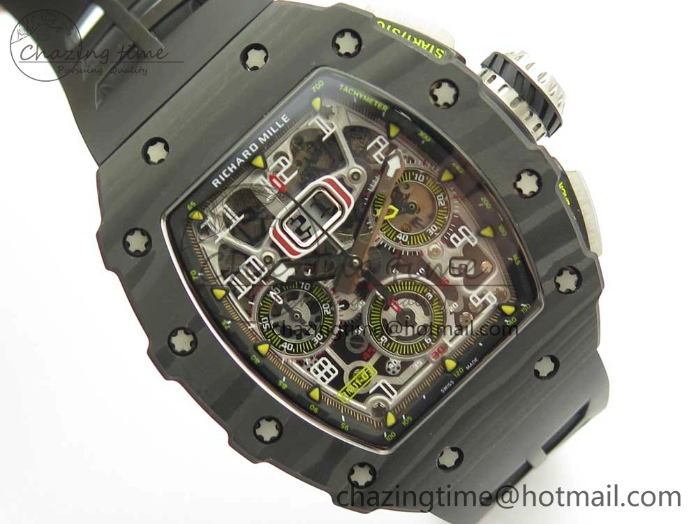 Breathable RM011 Carbon Case Chrono KVF 1:1 Best Edition Crystal Skeleton Yellow Dial on Racing Rubber Strap A 9465