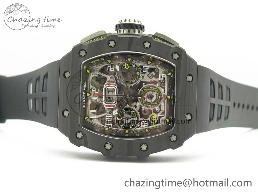 Breathable RM011 Carbon Case Chrono KVF 1:1 Best Edition Crystal Skeleton Yellow Dial on Racing Rubber Strap A 9465