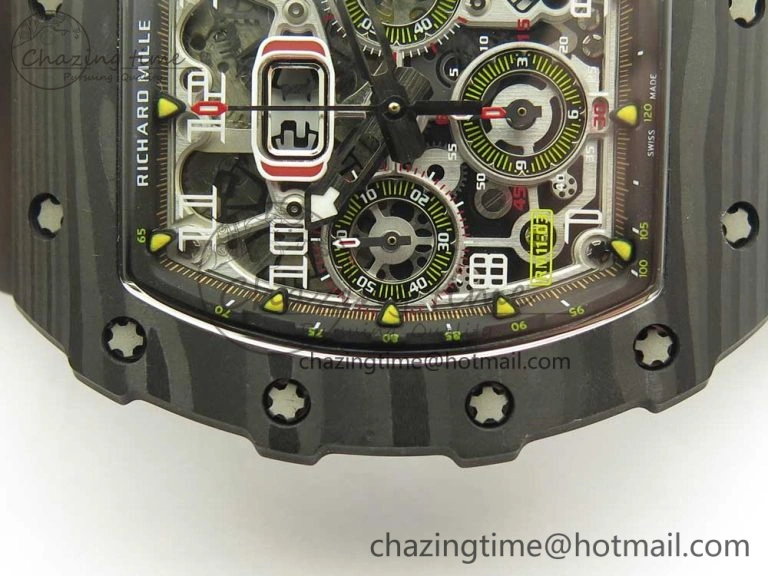 Breathable RM011 Carbon Case Chrono KVF 1:1 Best Edition Crystal Skeleton Yellow Dial on Racing Rubber Strap A 9465