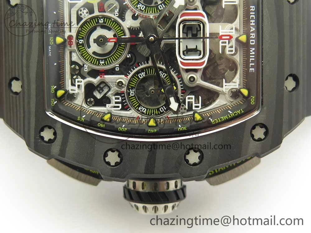 Breathable RM011 Carbon Case Chrono KVF 1:1 Best Edition Crystal Skeleton Yellow Dial on Racing Rubber Strap A 9465
