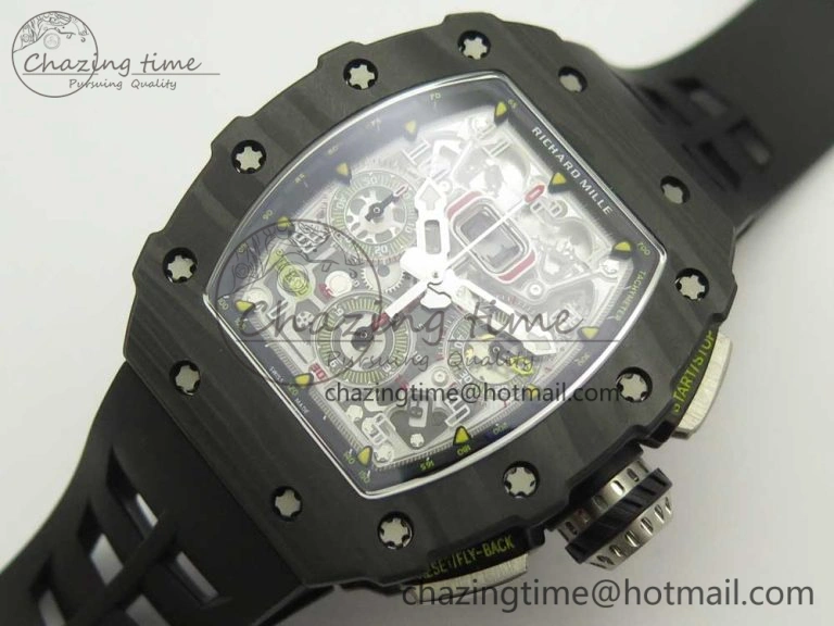Breathable RM011 Carbon Case Chrono KVF 1:1 Best Edition Crystal Skeleton Yellow Dial on Racing Rubber Strap A 9465