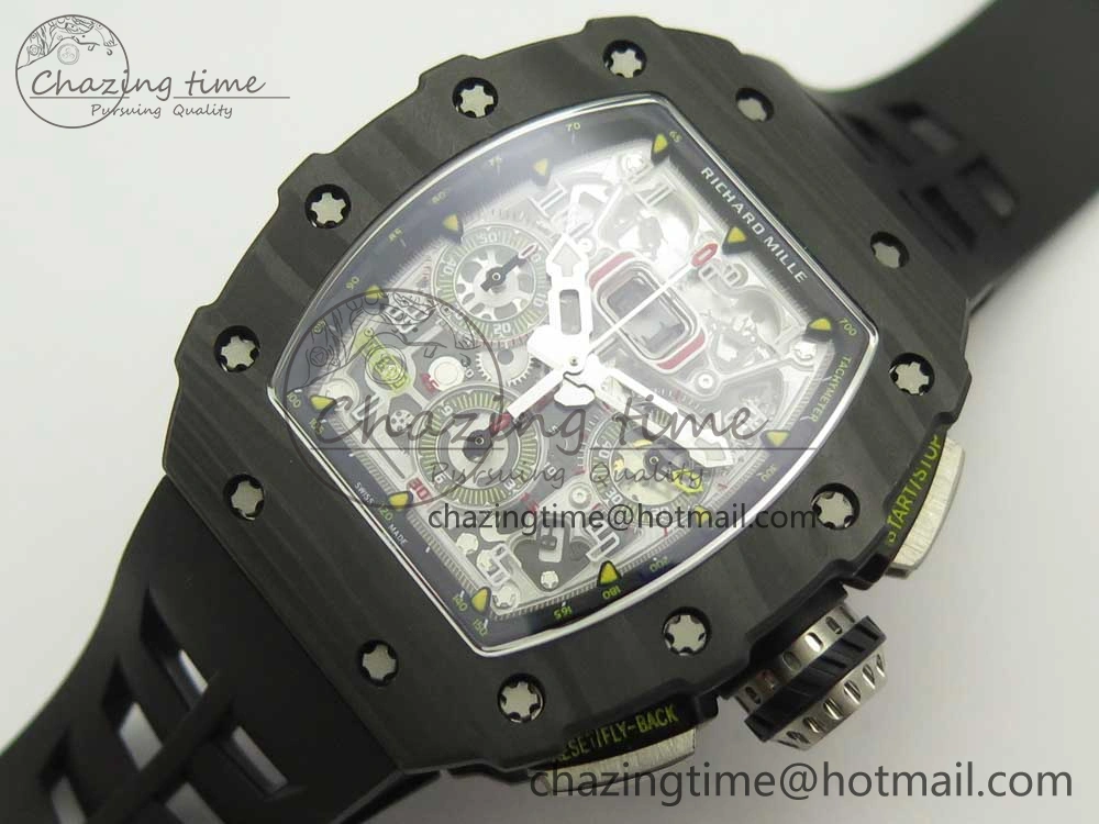 Breathable RM011 Carbon Case Chrono KVF 1:1 Best Edition Crystal Skeleton Yellow Dial on Racing Rubber Strap A 9465