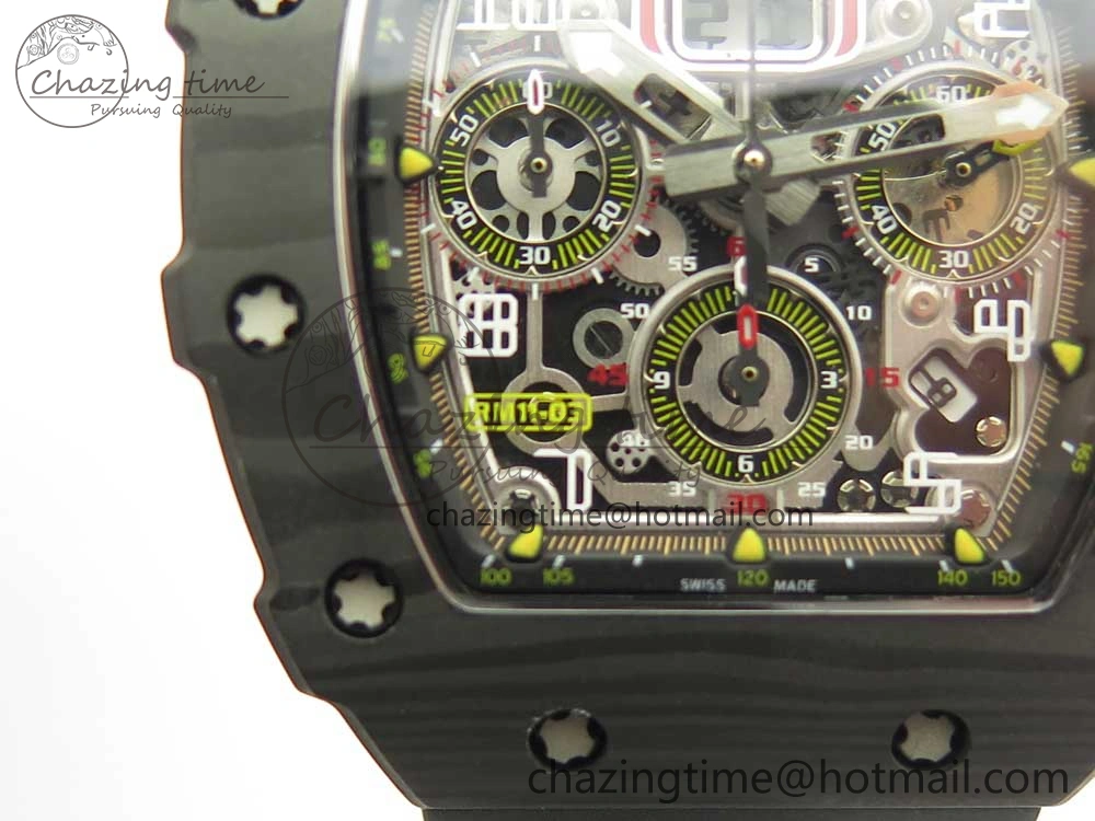 Breathable RM011 Carbon Case Chrono KVF 1:1 Best Edition Crystal Skeleton Yellow Dial on Racing Rubber Strap A 9465