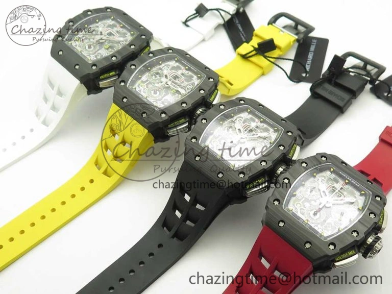 Breathable RM011 Carbon Case Chrono KVF 1:1 Best Edition Crystal Skeleton Yellow Dial on Racing Rubber Strap A 9465