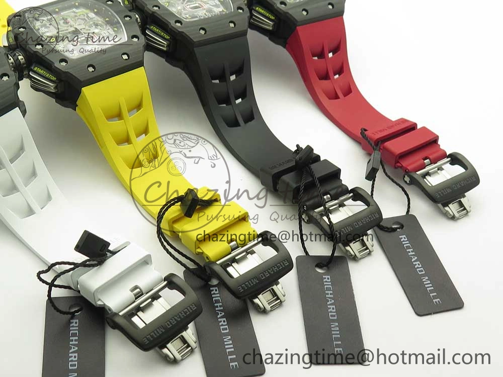 Breathable RM011 Carbon Case Chrono KVF 1:1 Best Edition Crystal Skeleton Yellow Dial on Racing Rubber Strap A 9465