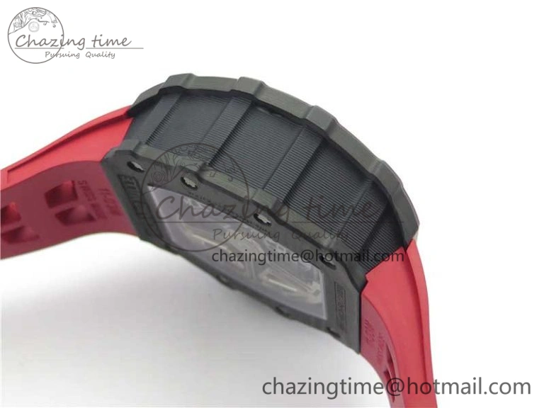 RM011 Carbon Case Chrono KVF 1:1 Best Edition Crystal Skeleton Yellow Dial on Red Racing Rubber Strap A7750 V FreshLook 9439