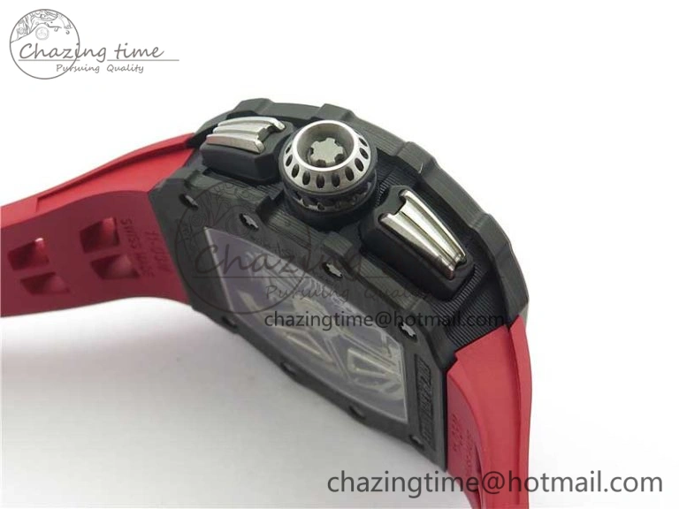 RM011 Carbon Case Chrono KVF 1:1 Best Edition Crystal Skeleton Yellow Dial on Red Racing Rubber Strap A7750 V FreshLook 9439