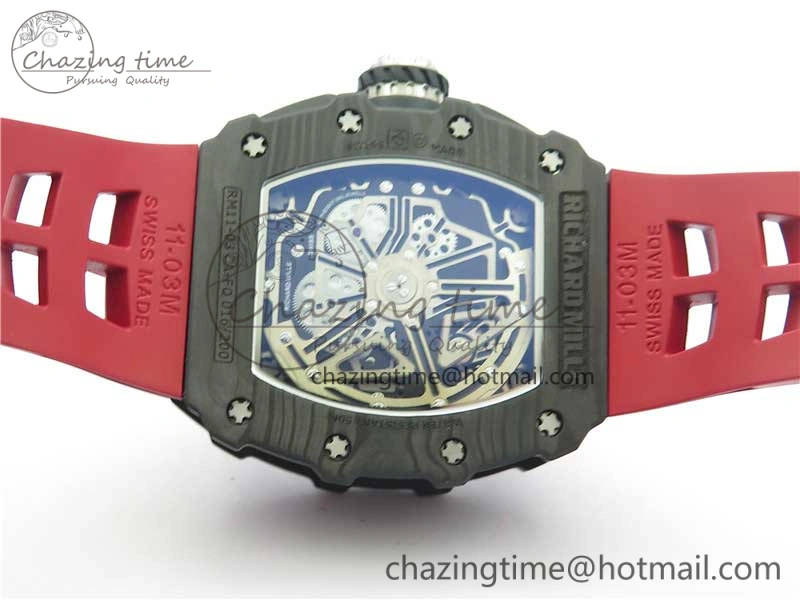 RM011 Carbon Case Chrono KVF 1:1 Best Edition Crystal Skeleton Yellow Dial on Red Racing Rubber Strap A7750 V FreshLook 9439