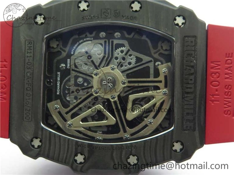 RM011 Carbon Case Chrono KVF 1:1 Best Edition Crystal Skeleton Yellow Dial on Red Racing Rubber Strap A7750 V FreshLook 9439