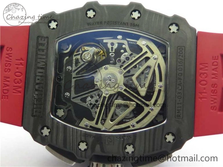 RM011 Carbon Case Chrono KVF 1:1 Best Edition Crystal Skeleton Yellow Dial on Red Racing Rubber Strap A7750 V FreshLook 9439