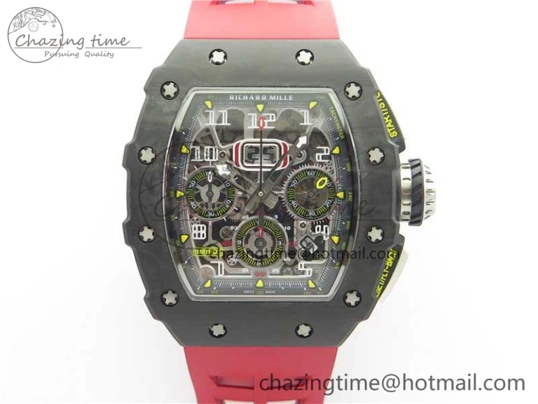 RM011 Carbon Case Chrono KVF 1:1 Best Edition Crystal Skeleton Yellow Dial on Red Racing Rubber Strap A7750 V FreshLook 9439