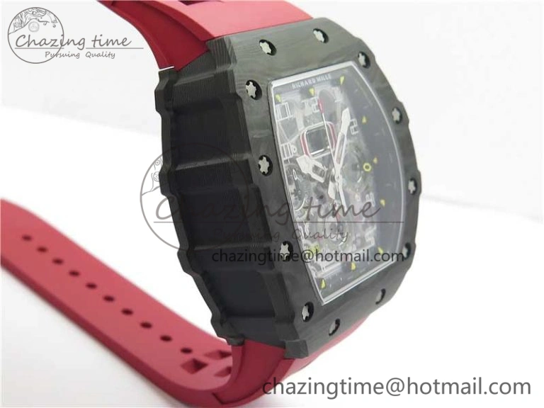 RM011 Carbon Case Chrono KVF 1:1 Best Edition Crystal Skeleton Yellow Dial on Red Racing Rubber Strap A7750 V FreshLook 9439